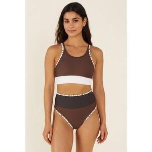Womens Bikini Set Size M Brown Colorblock High Waist Two Piece Coastal Boho Swim